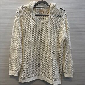 Atelier Nicole Miller Cream Open Knit Crochet Prairie Boho Hoodie Tunic XL